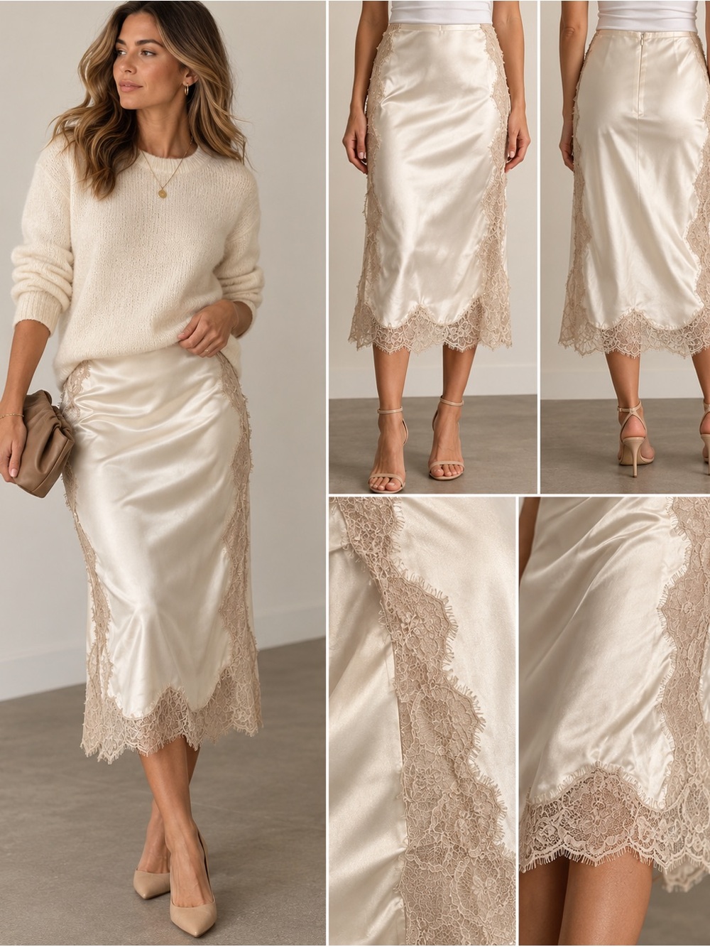 ZARA NWT Satin Lace Midi Skirt Ecru Size Small Romantic Slip Style